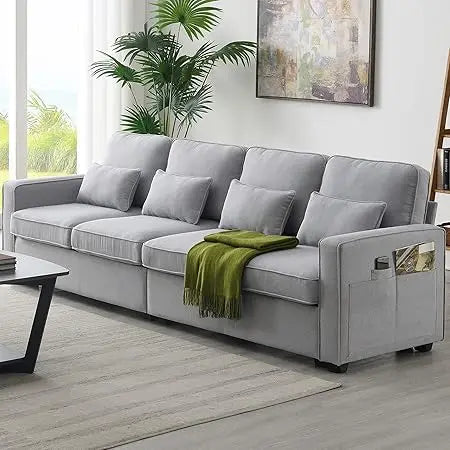 104" 4-Seater Linen Fabric Sofa Couch w/ Side Storage Pockets & Pillows – Modern Minimalist Design