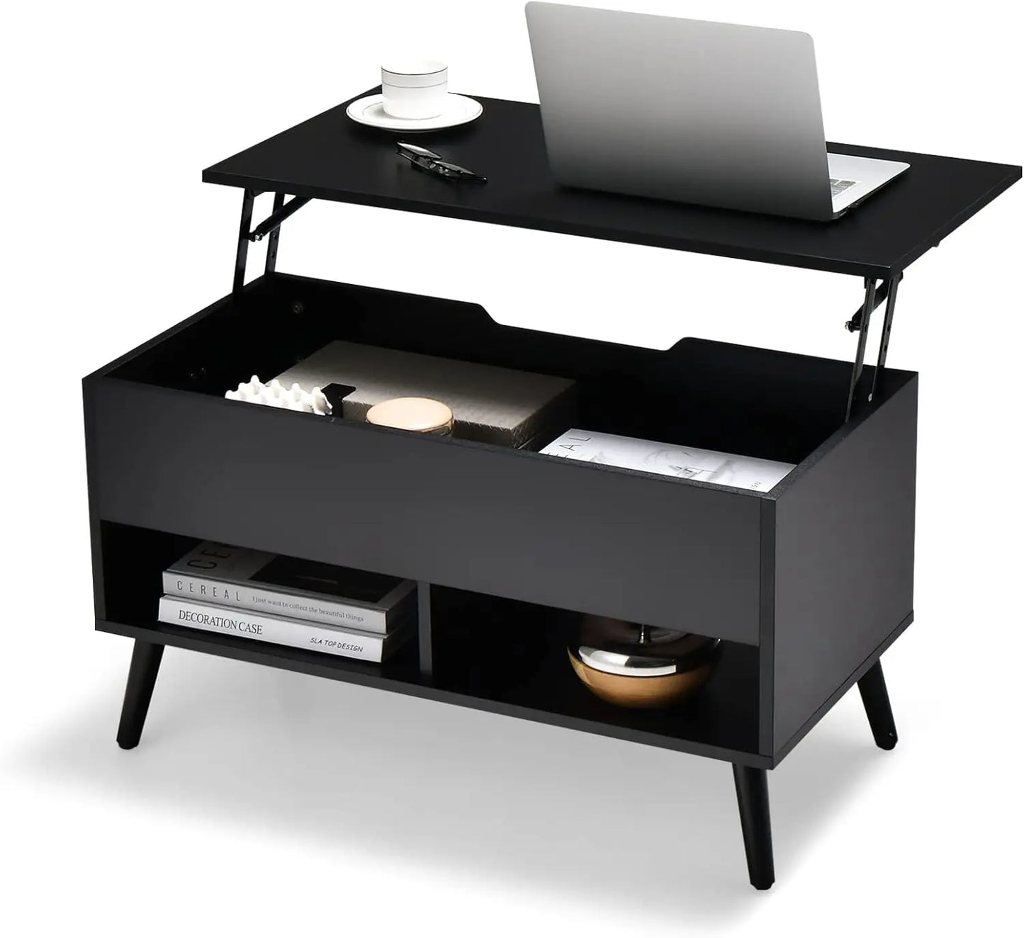 Modern Lift Top Coffee Table with Hidden Compartment and Open Shelves