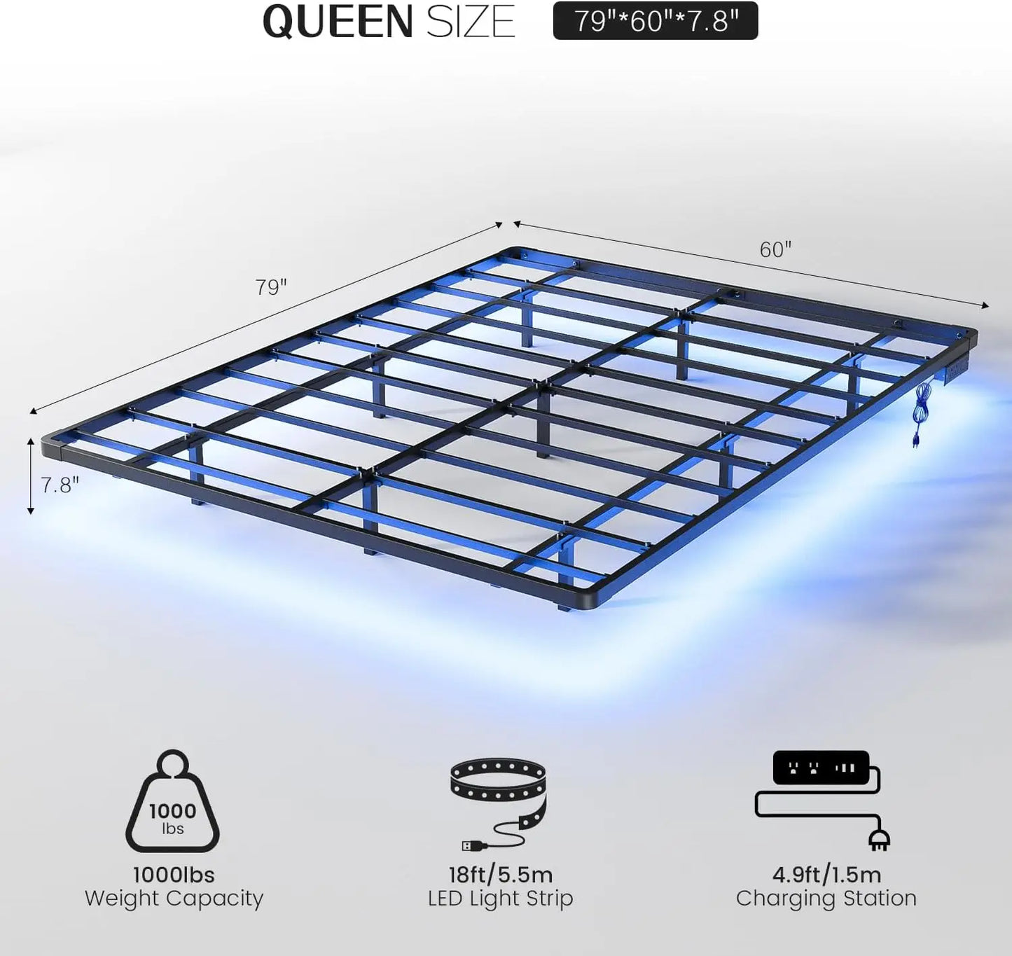 Floating Bed Frame Queen Size with LED Lights and Charging Station