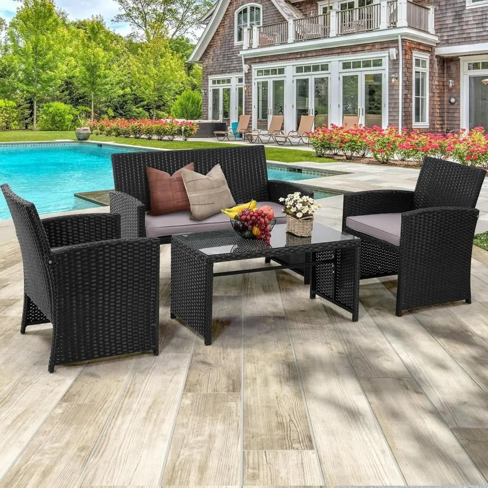 4 Piece Rattan Patio Furniture Set Outdoor Sectional Sofa Chairs Table