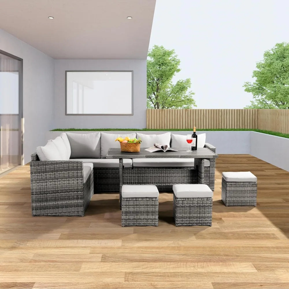 Ljustra 7 Piece Patio Furniture Set Outdoor Dining Table Chairs Ottoman