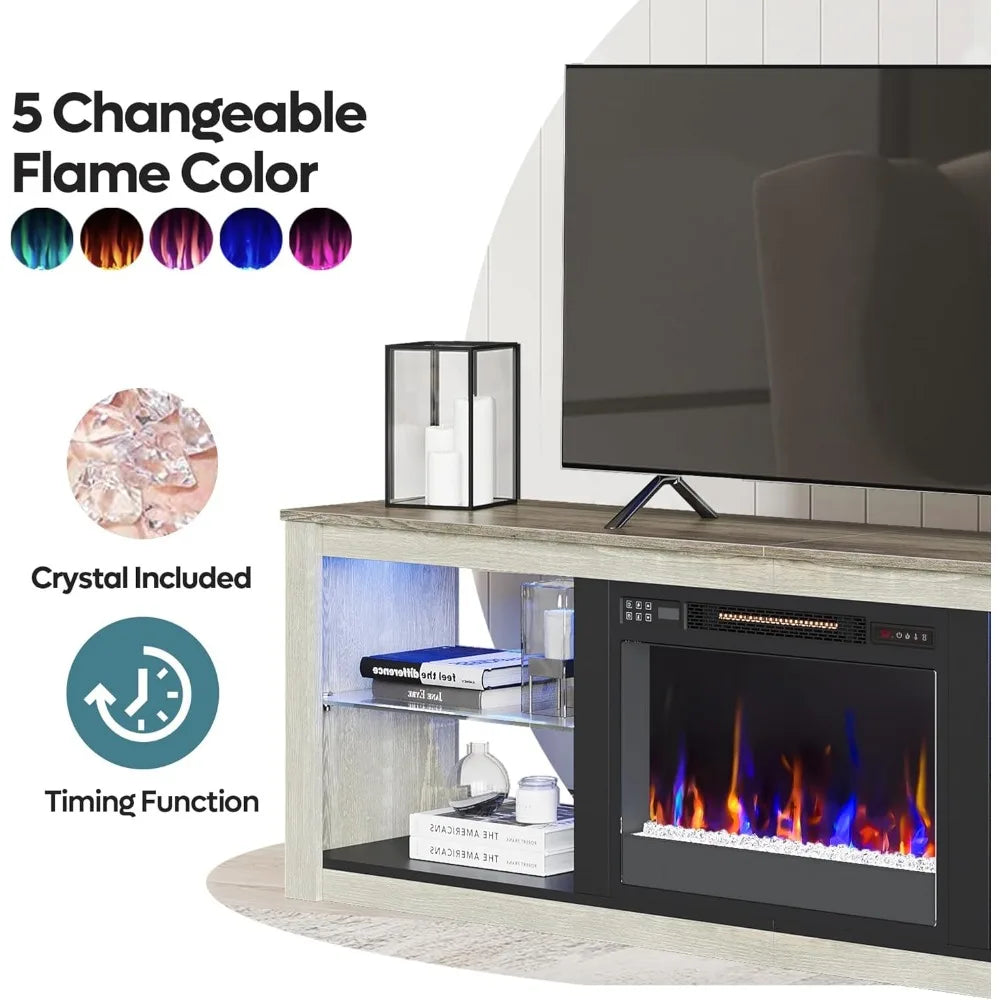 Fireplace TV Stand for 75 inch TV with Electric Fireplace and LED Light