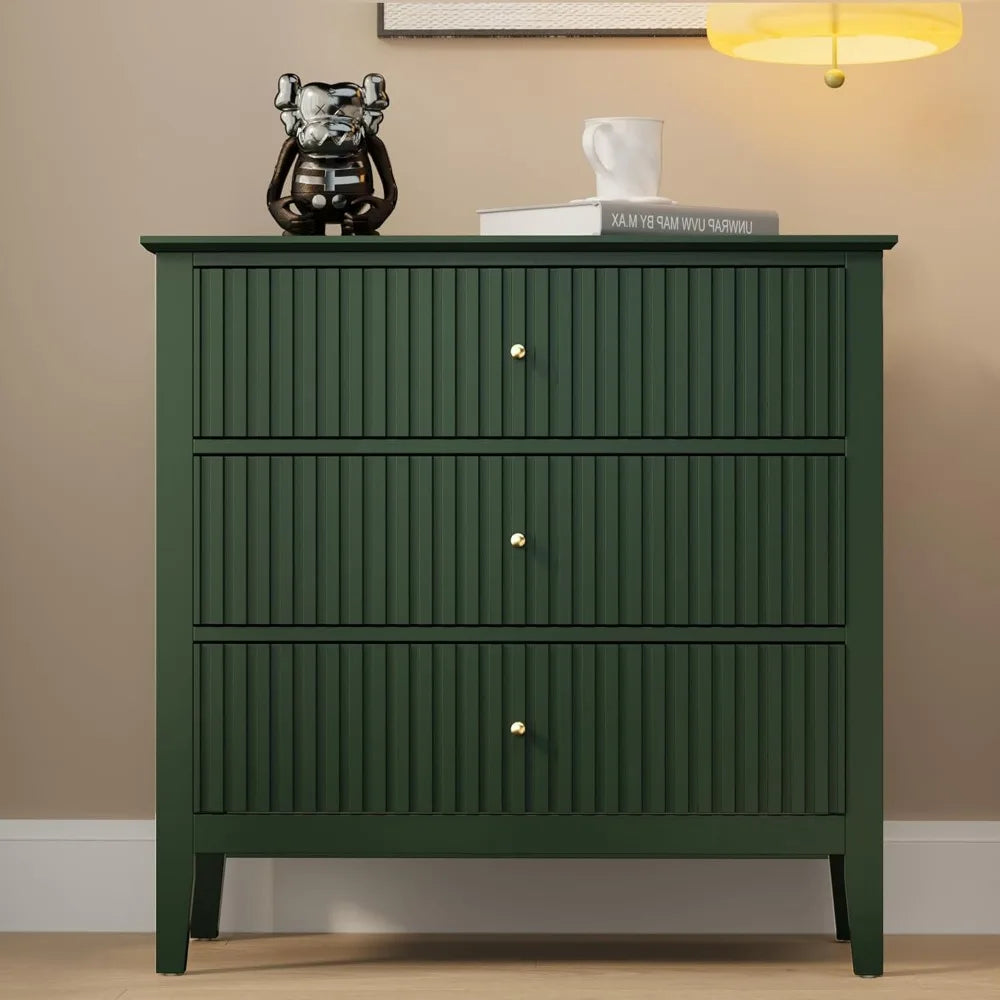 Green Fluted 3 Drawer Dresser Modern Wood Chest of Drawers Nightstand