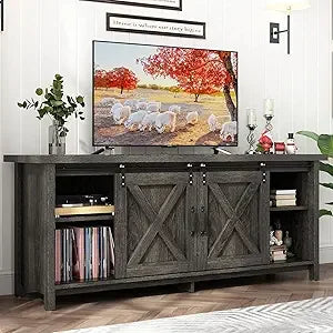 Farmhouse TV Stand for 50-65 Inch TV with Adjustable Shelves and Barn Doors