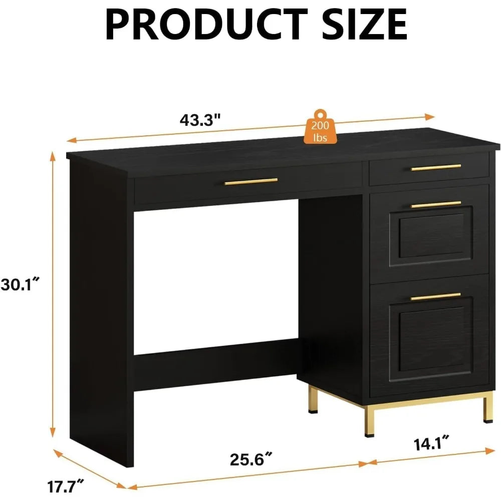Modern Black Desk with Drawers and Golden Handles for Home Office