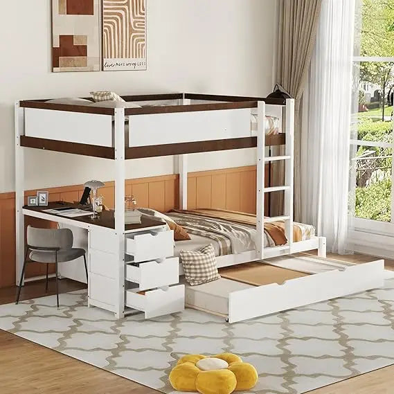 Full Over Full Bunk Bed with Trundle and USB Ports for Kids Room