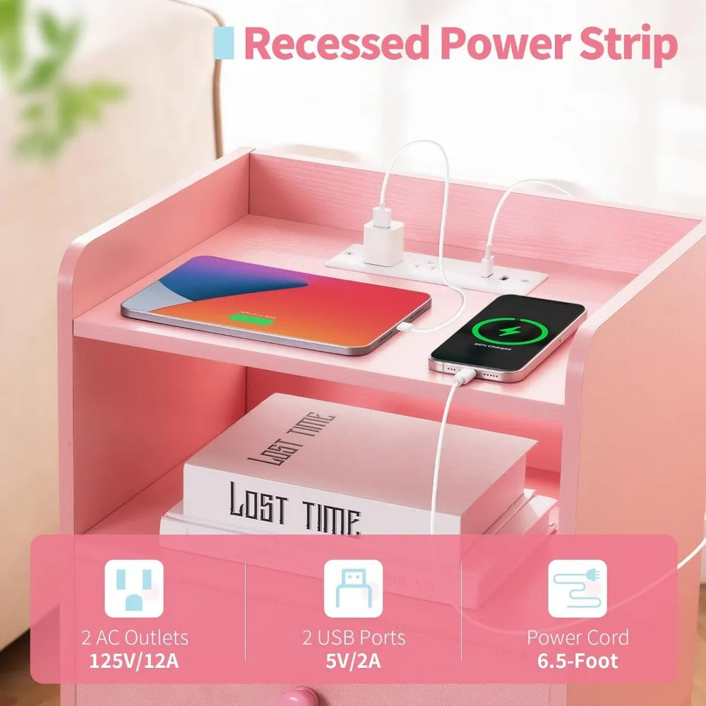 Nightstand with Charging Station LED Lights Modern Bedroom Furniture