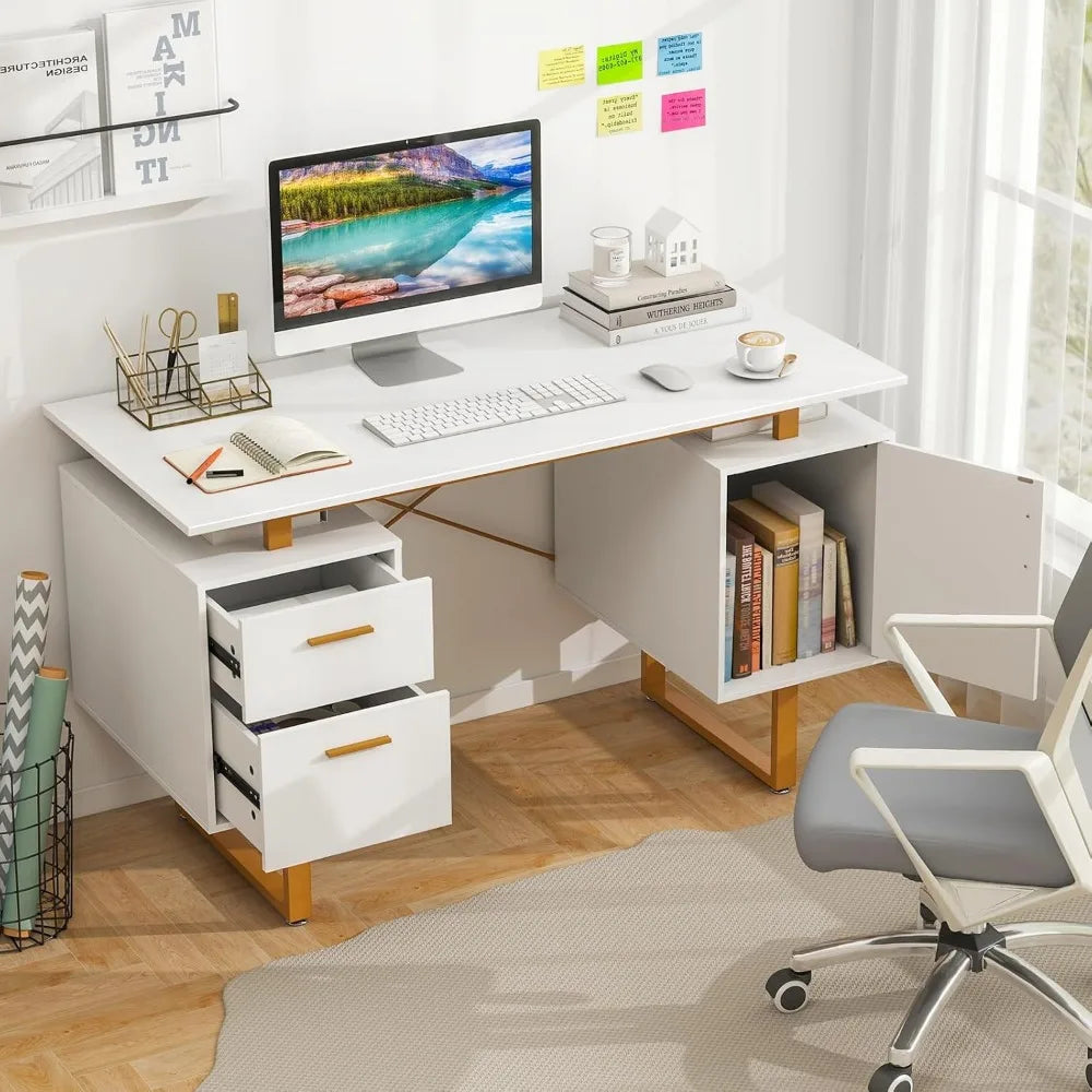 Modern Home Office Desk with Storage Drawers Floating Top Golden Frame