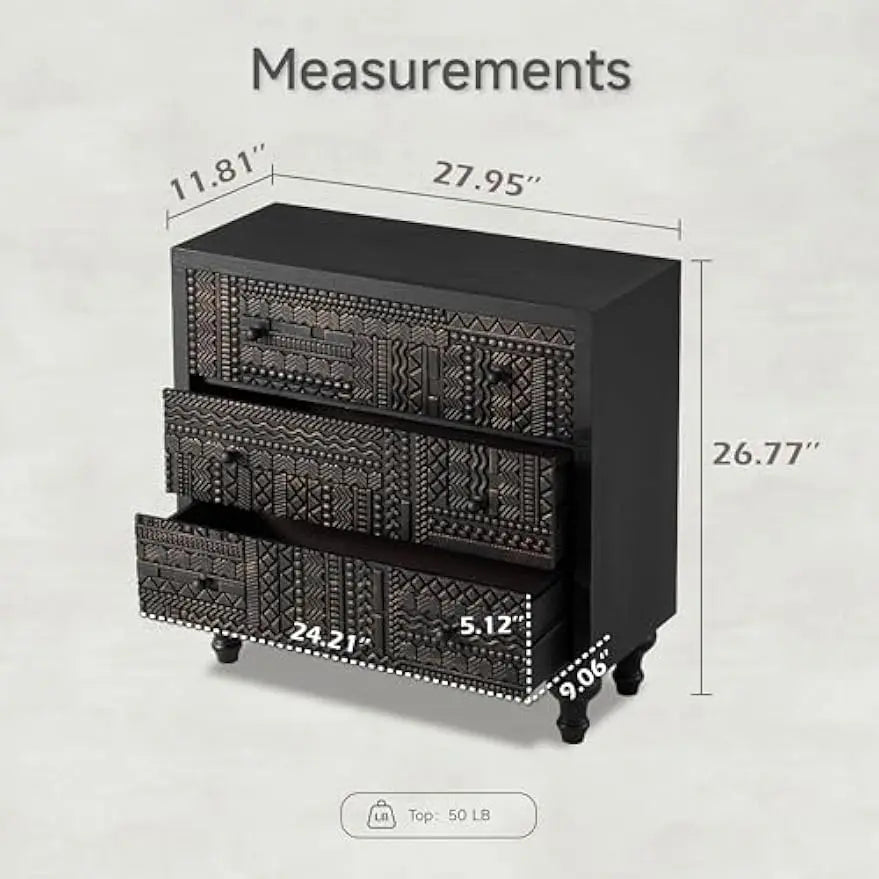 3 Drawer Farmhouse Dresser Geometric Carved Pattern Vintage Accent Chest