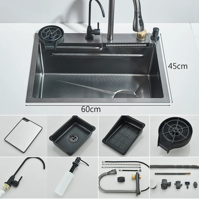Ljustra Stainless Steel Waterfall Kitchen Sink Integrated Faucet Dispenser