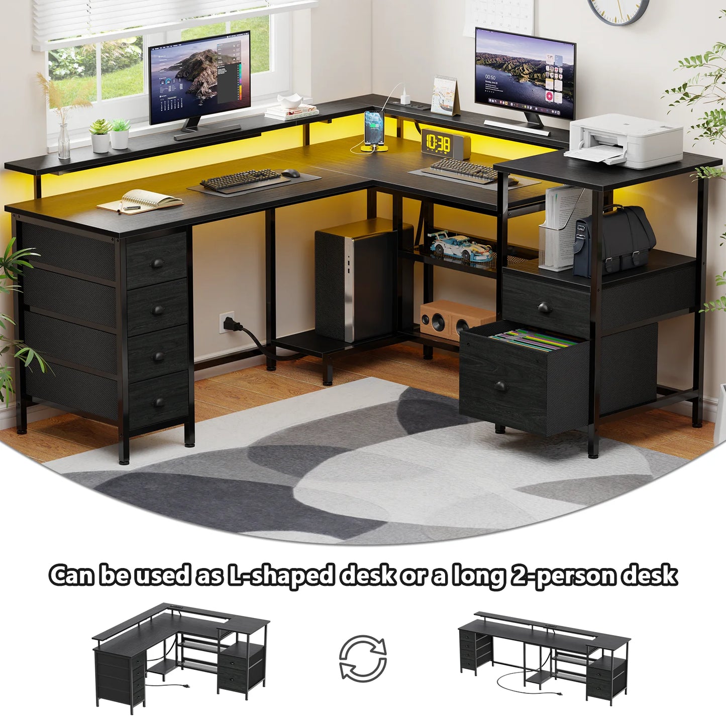 Ljustra 67 Inch Office Desk with Power Sockets LED Lights Adjustable Storage