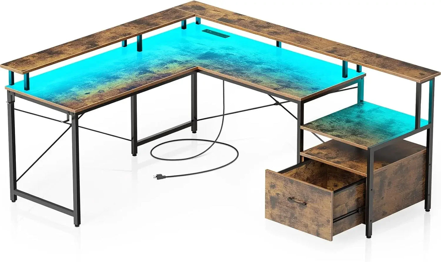 L Shaped Computer Desk with File Drawer Power Outlet LED Strip 64 Inch