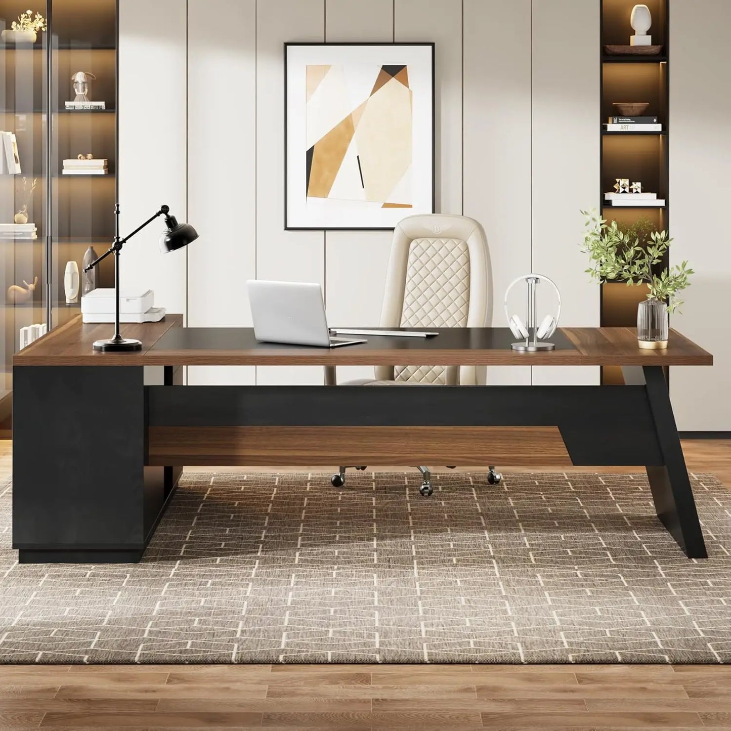 Modern L-Shaped Executive Desk with Drawers and File Cabinet Office