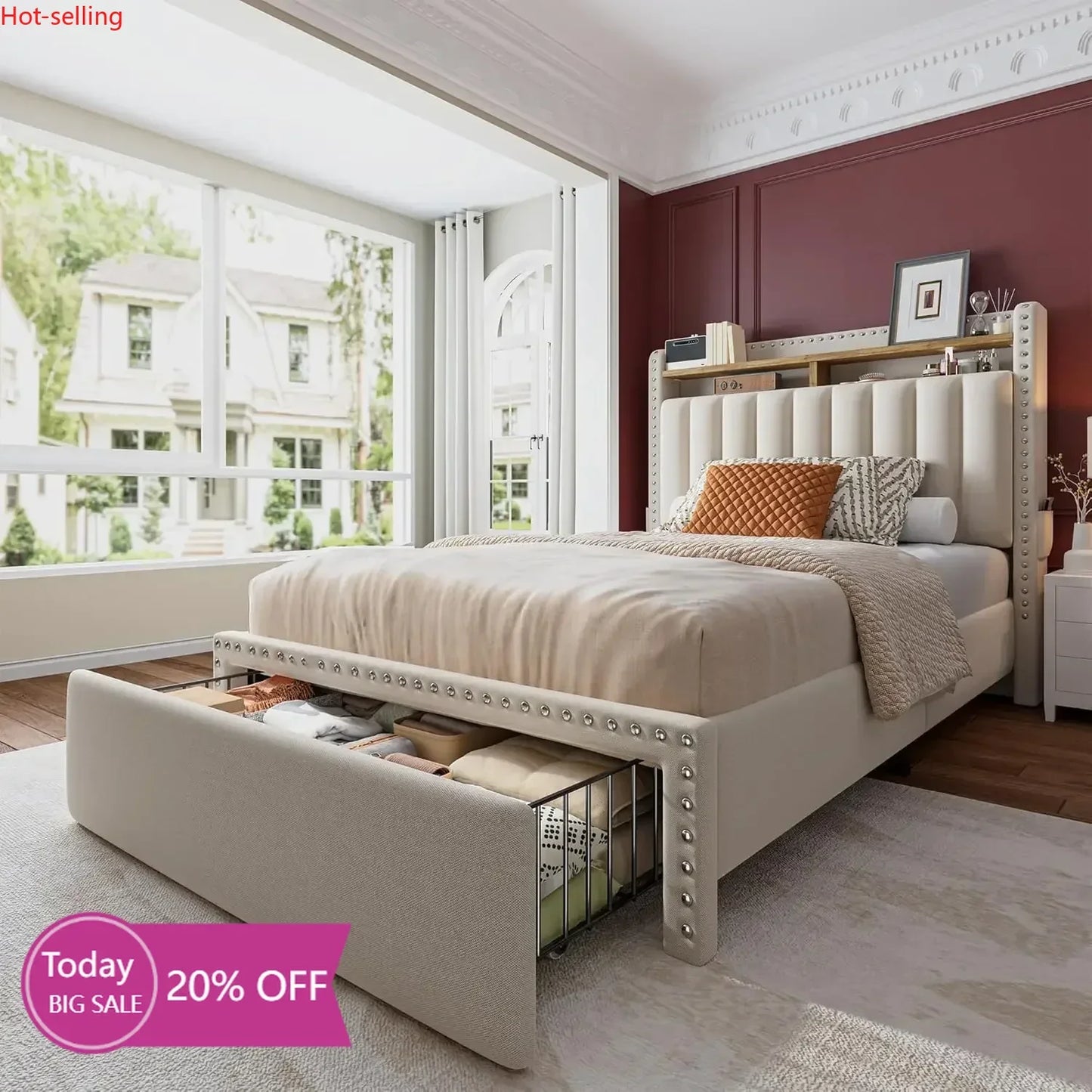 Twin Size Bed Frame with 2-Tier Storage Headboard Upholstered Platform