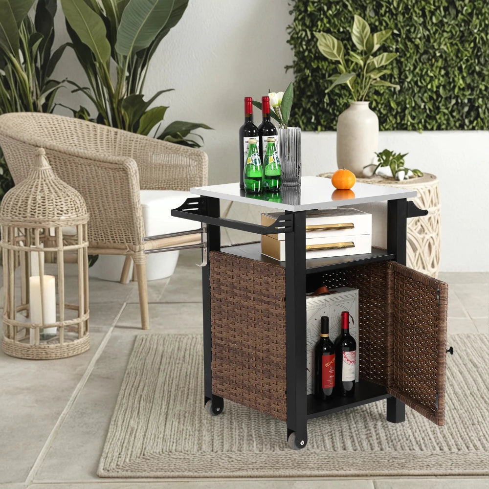 Single Door Bar Cart Outdoor Kitchen Wicker Rolling Cart Storage Cabinet