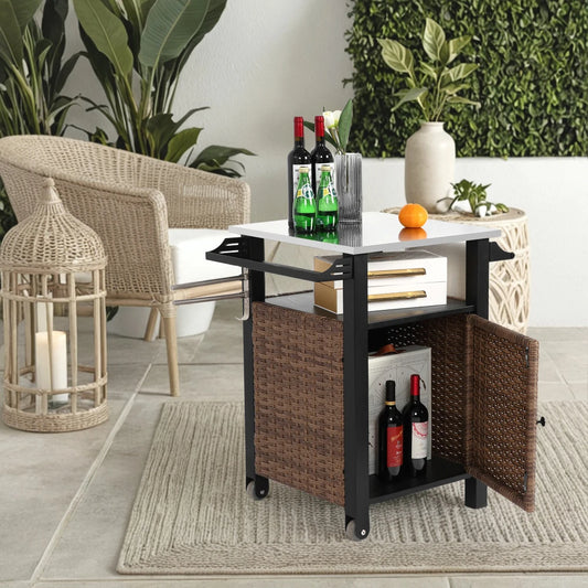 Single Door Bar Cart Outdoor Kitchen Wicker Rolling Cart Storage Cabinet