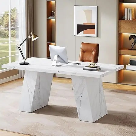 Modern Executive Desk 63 Inch Wooden Faux Marble Computer Workstation