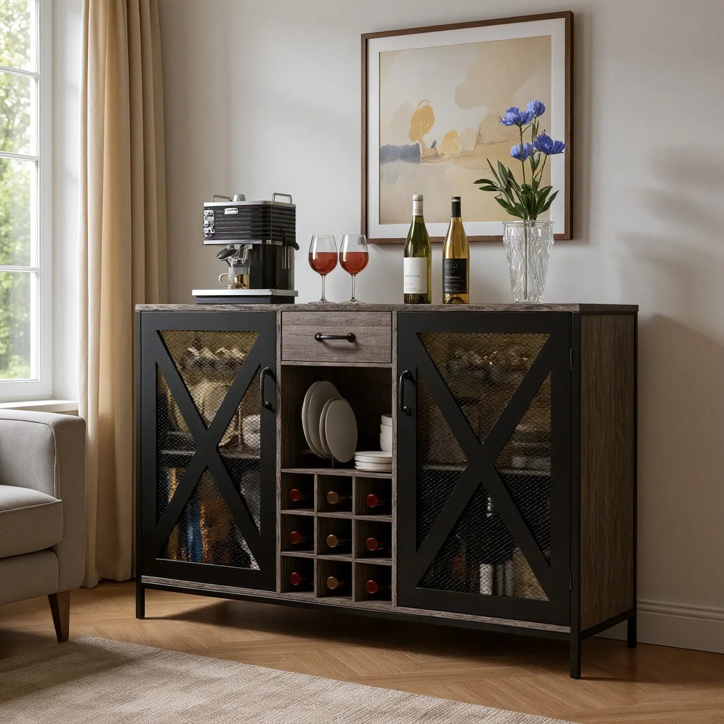 55 Inch Vintage Wooden Bar Cabinet with Drawer for Kitchen Dining Room