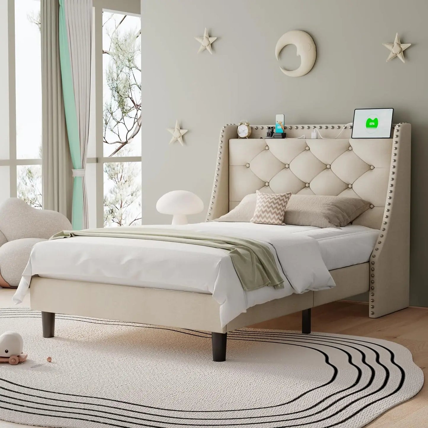 Full Size Bed Frame Wingback Tufted Storage Headboard with AC Ports