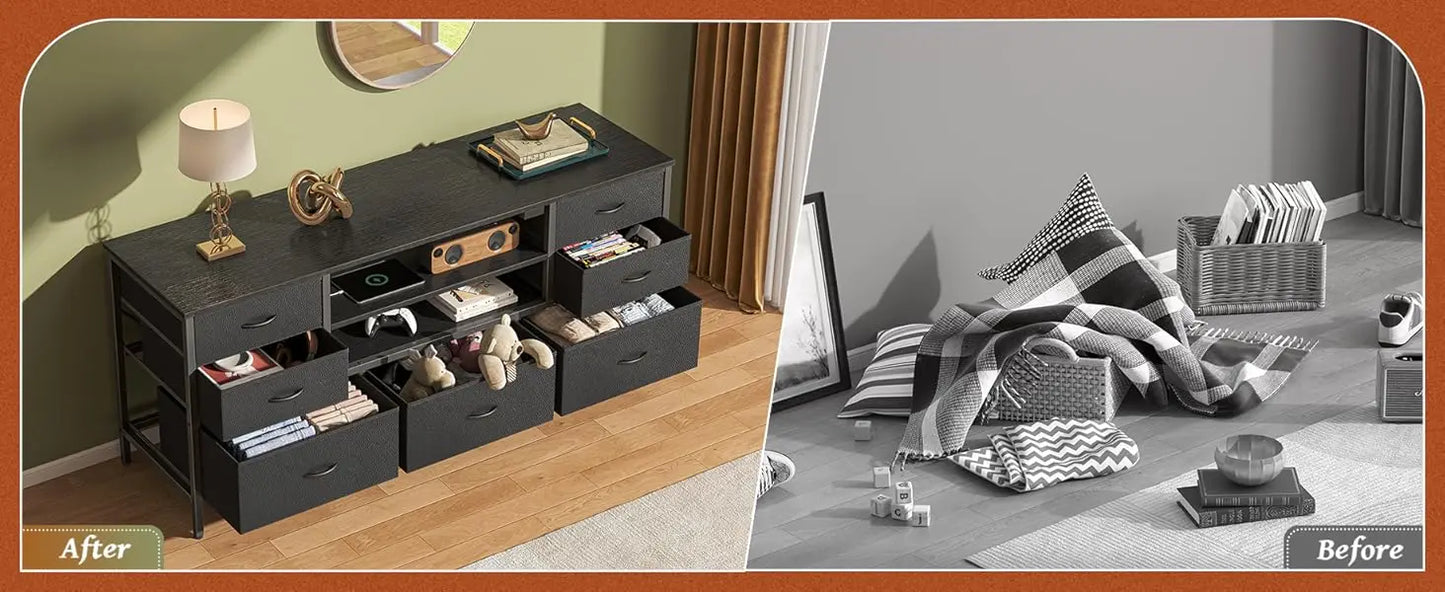 Modern TV Stand with Power Outlets LED Lights 7 Drawer Console