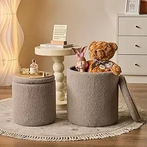 Round Set of 2 Ottoman Storage Multifunctional Chair for Living Room Bedroom