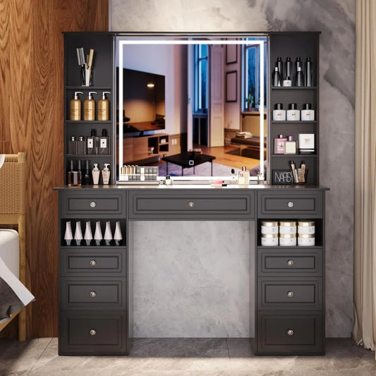 Black Vanity Desk with Lighted Mirror and 9 Storage Drawers for Makeup