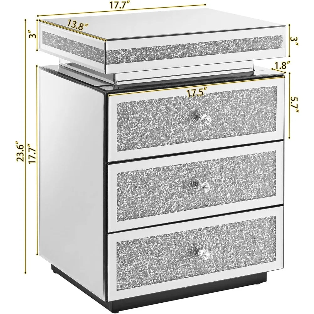 Luxury Crystal Mirrored Nightstand Bedside Cupboard Modern Furniture