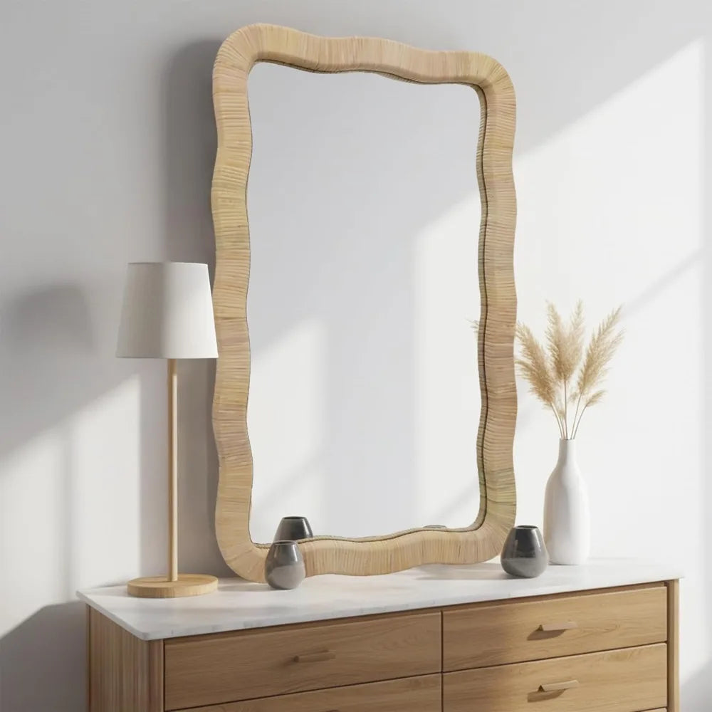 Rattan Wall Mirror Irregular Wave Decorative Mirror for Living Room Bedroom