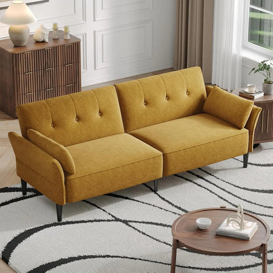 89" Convertible Futon Sofa Bed – Adjustable Back & Armrests, Yellow Sleeper Couch w/ Pillows