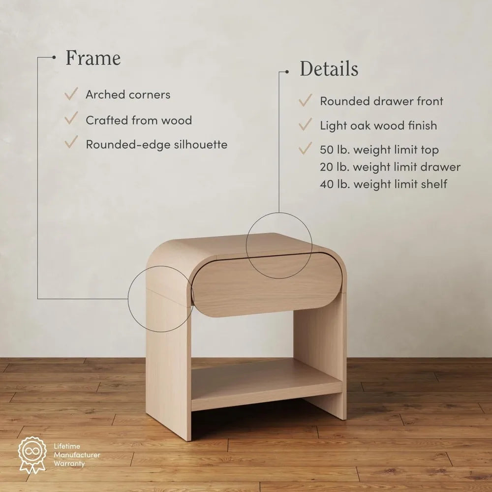 Mid Century Modern Nightstand Storage End Table Rounded Light Oak