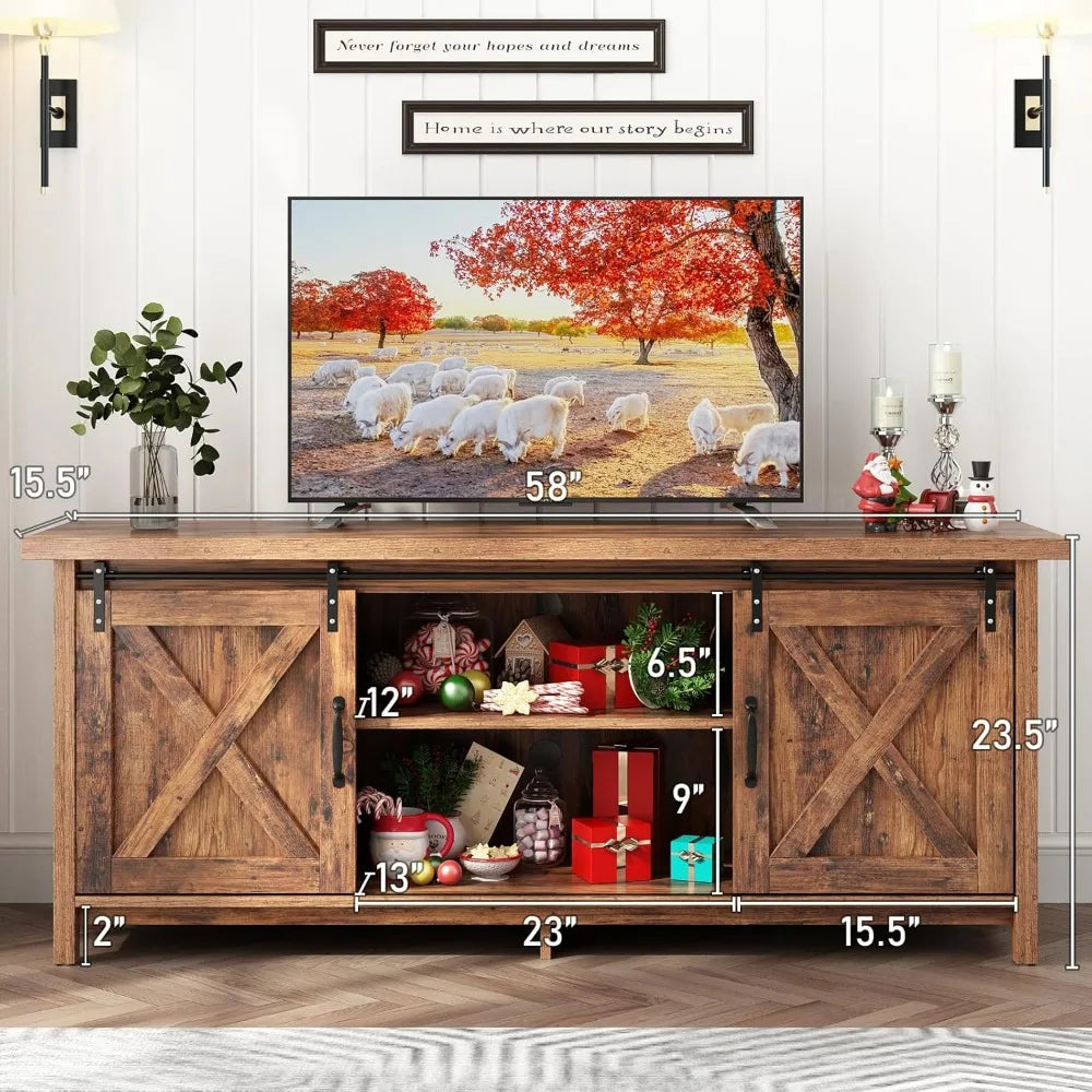 Farmhouse TV Stand for 50-65 Inch TV with Adjustable Shelves and Barn Doors