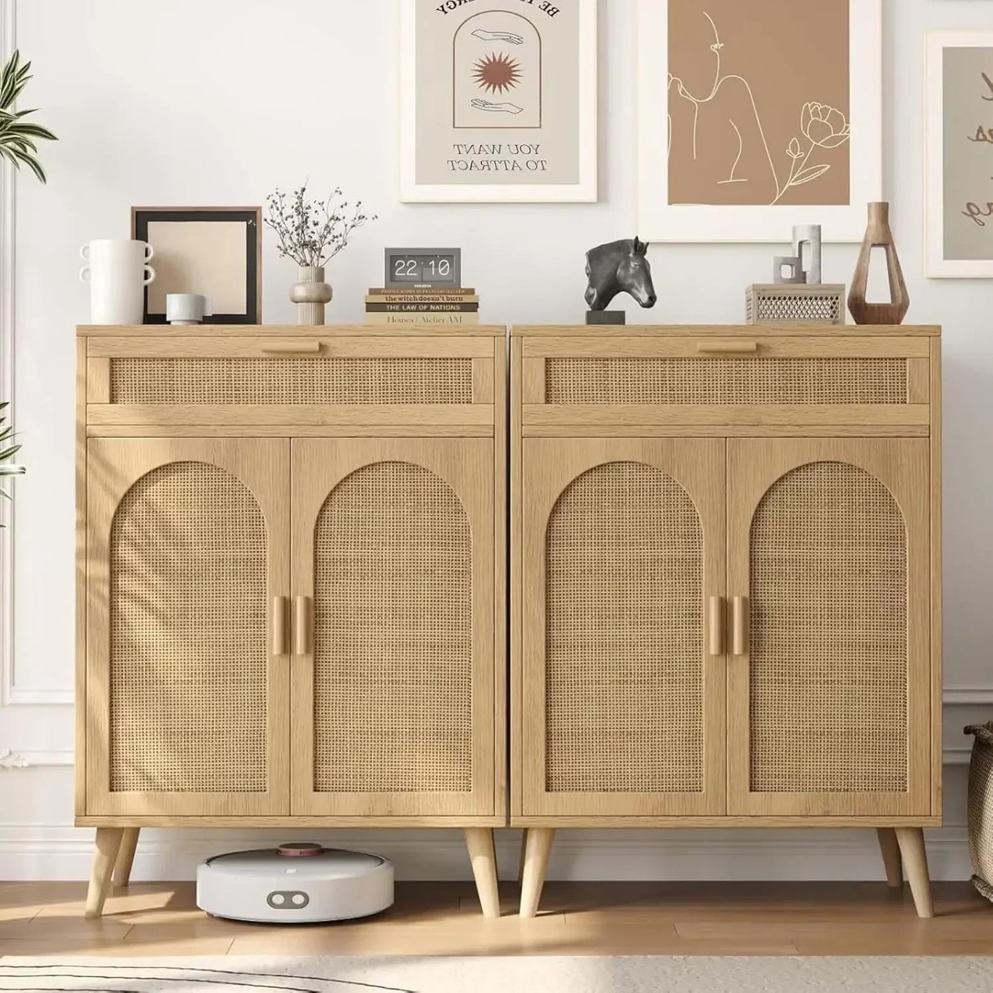 Rattan Storage Cabinet Buffet Sideboard Coffee Bar Accent Floor Cabinet