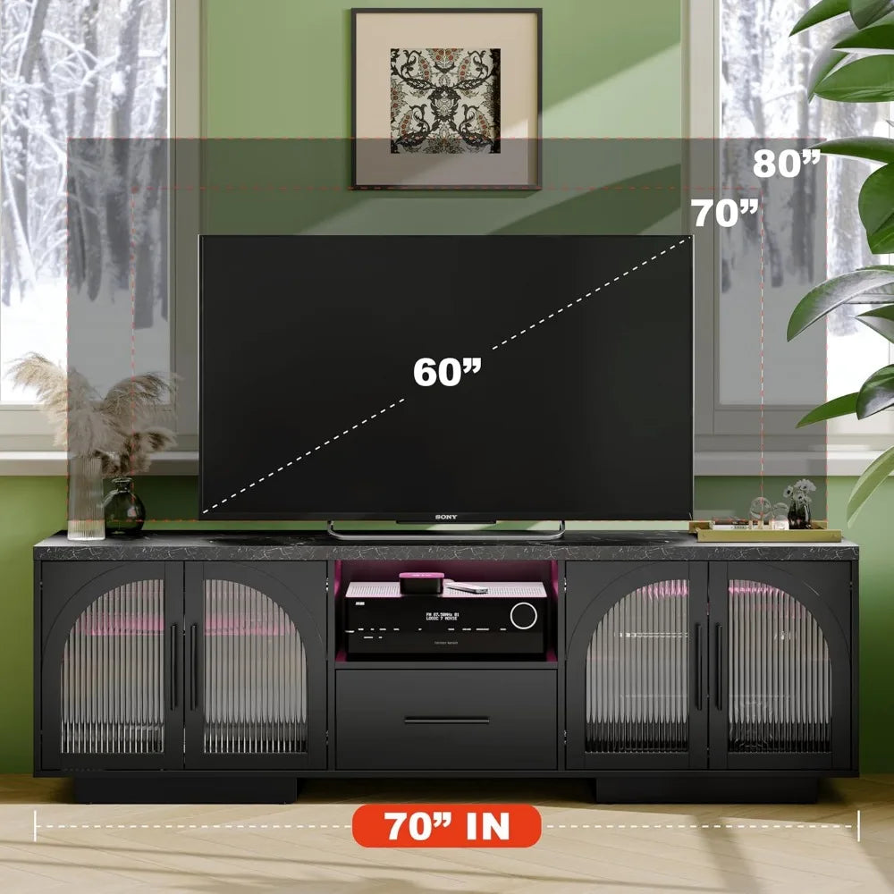 70 Inch TV Stand Entertainment Center with LED Lights and Glass Doors