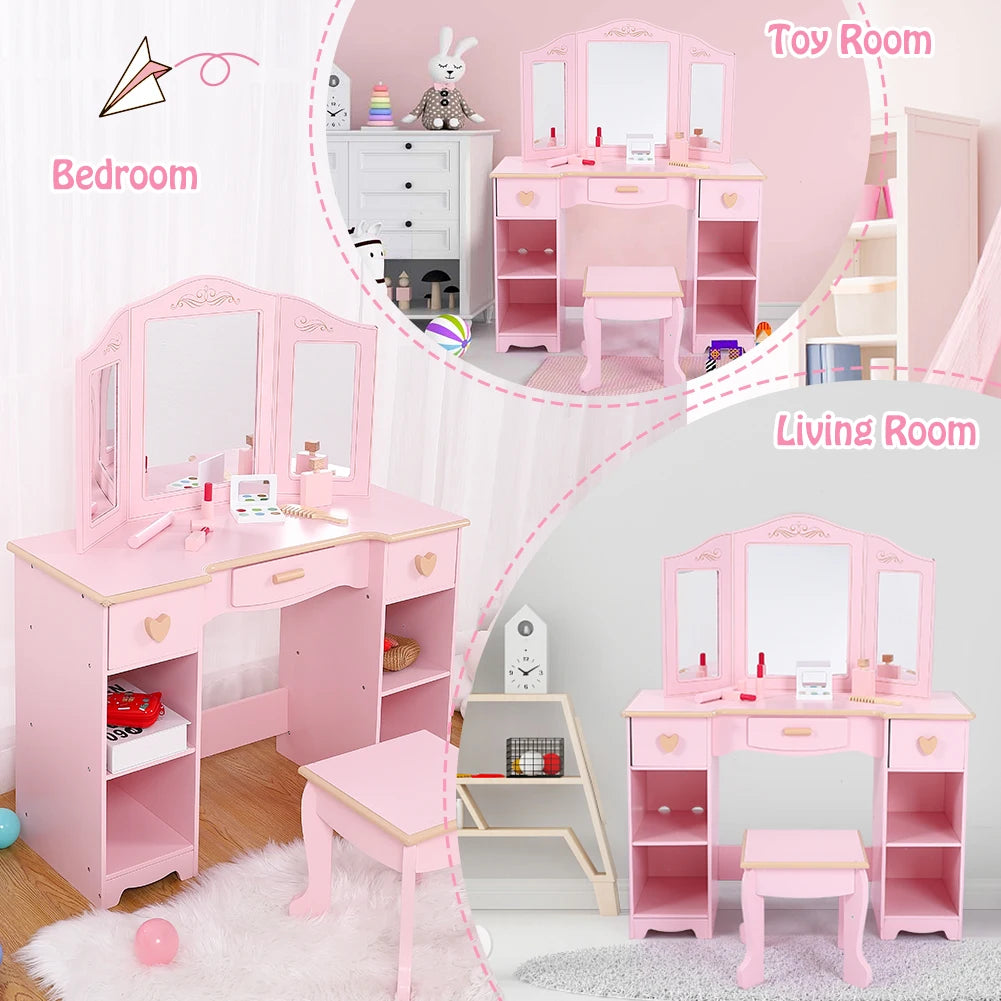 Girls Vanity Table and Chair Set Kids Makeup Dressing Table Wood Toy
