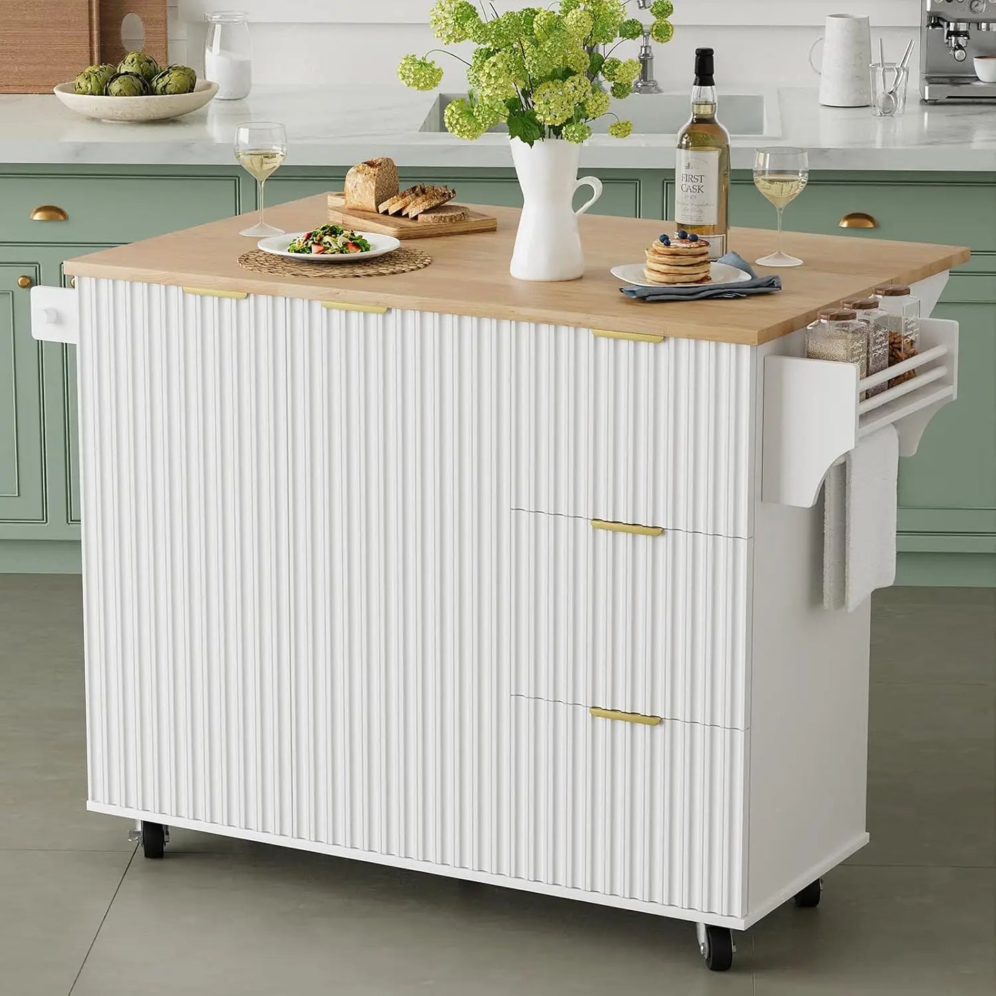 Rolling Kitchen Island with Trash Can Storage and Drop Leaf Design