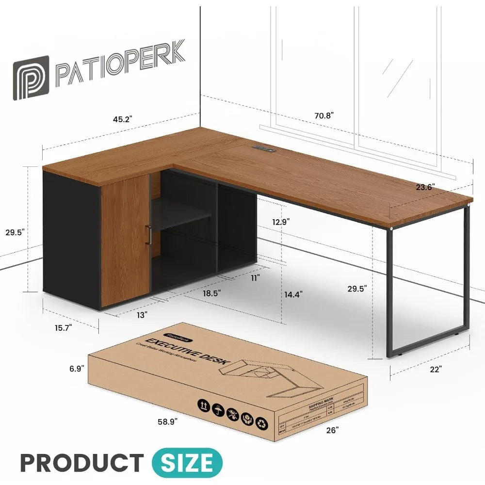 L Shaped Executive Desk with File Cabinet and Power Outlet for Office