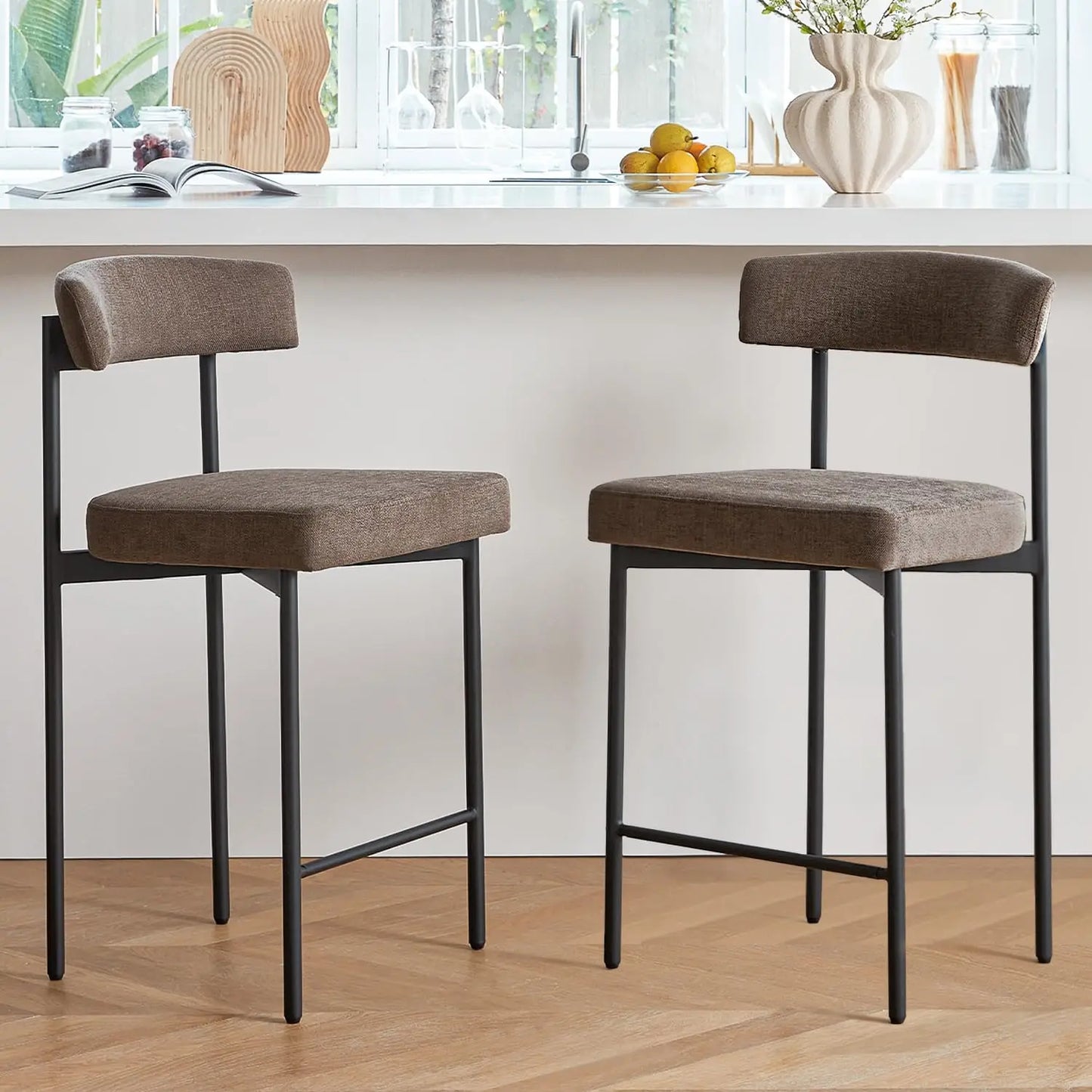 Brown Modern Bar Stools Set of 2 Faux Leather Curved Backrest Kitchen