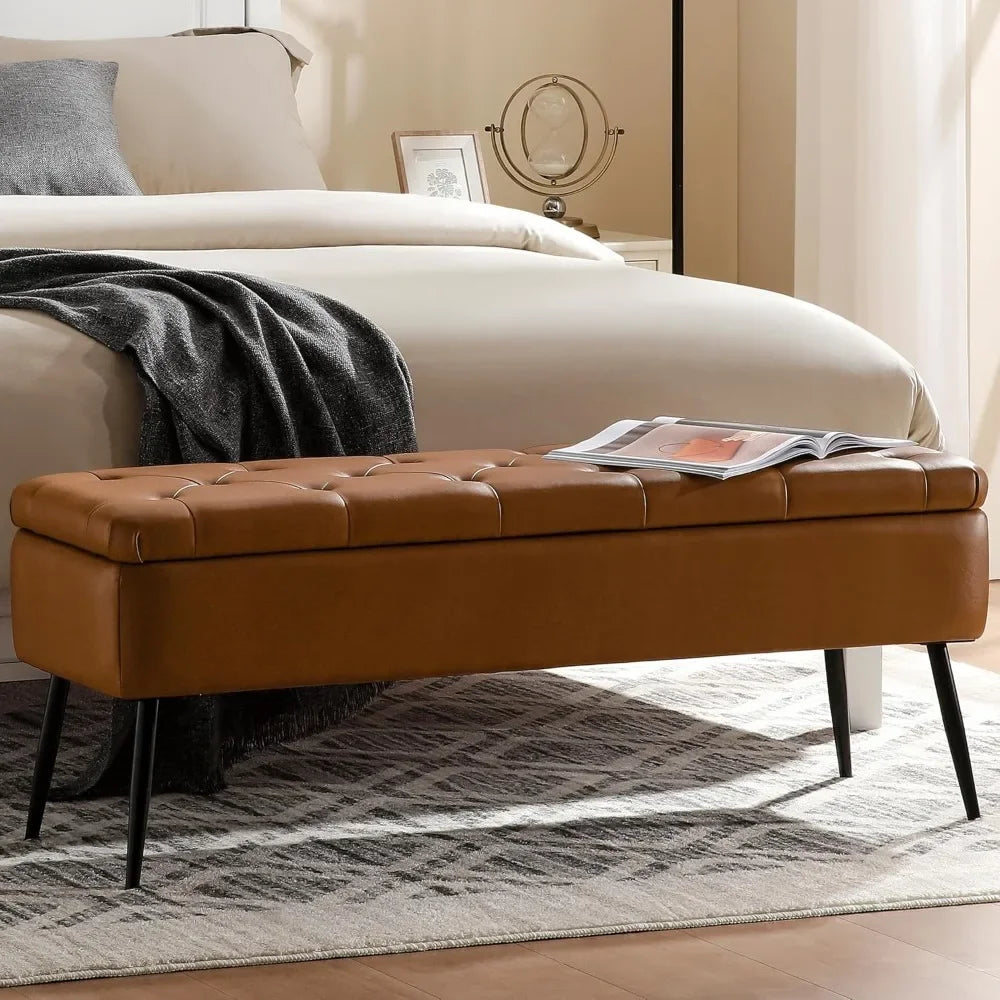 Leather Storage Ottoman Bench Mid-Century Modern Style Living Room Bedroom