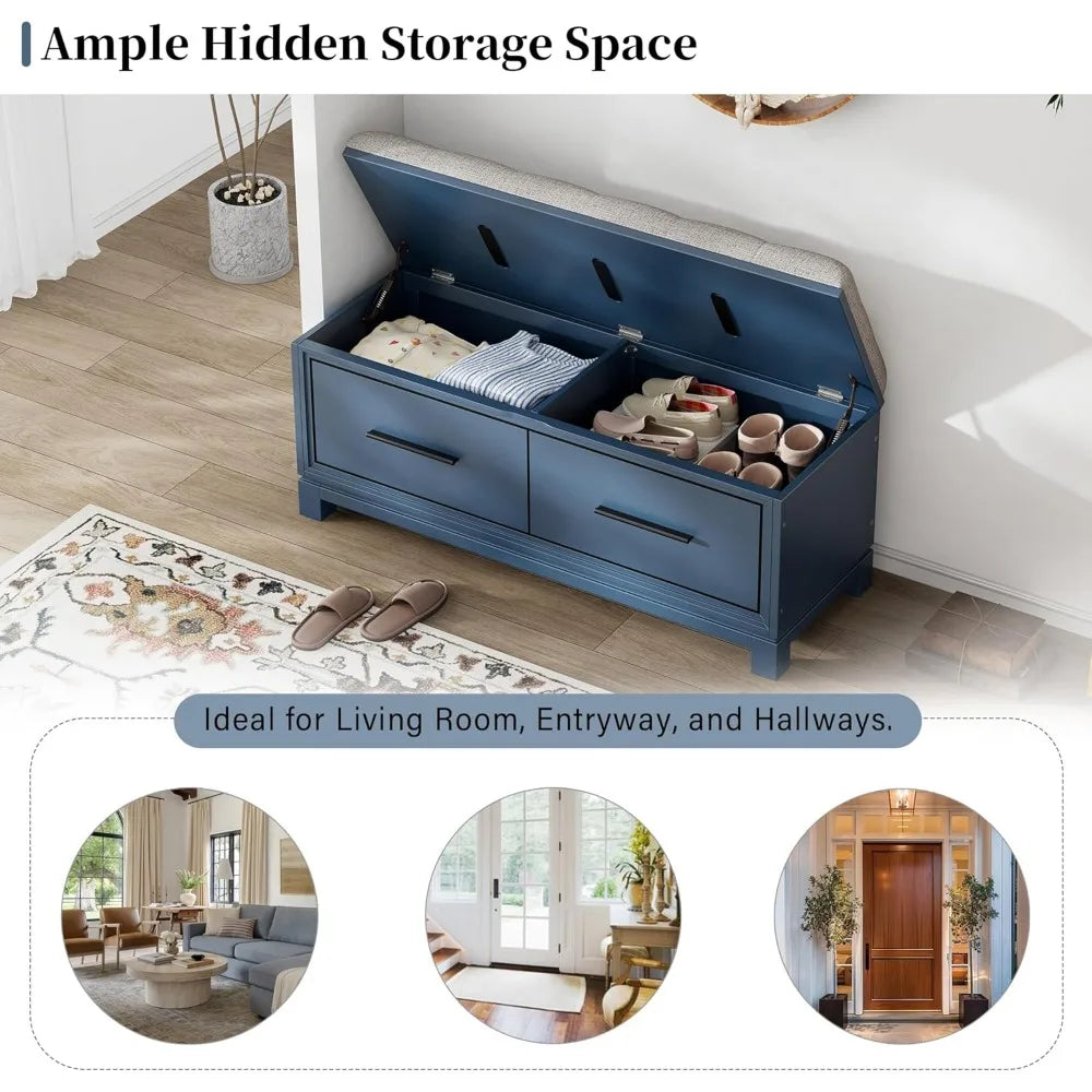 Entryway Shoe Bench with Hidden Storage Removable Cushion Pine Frame