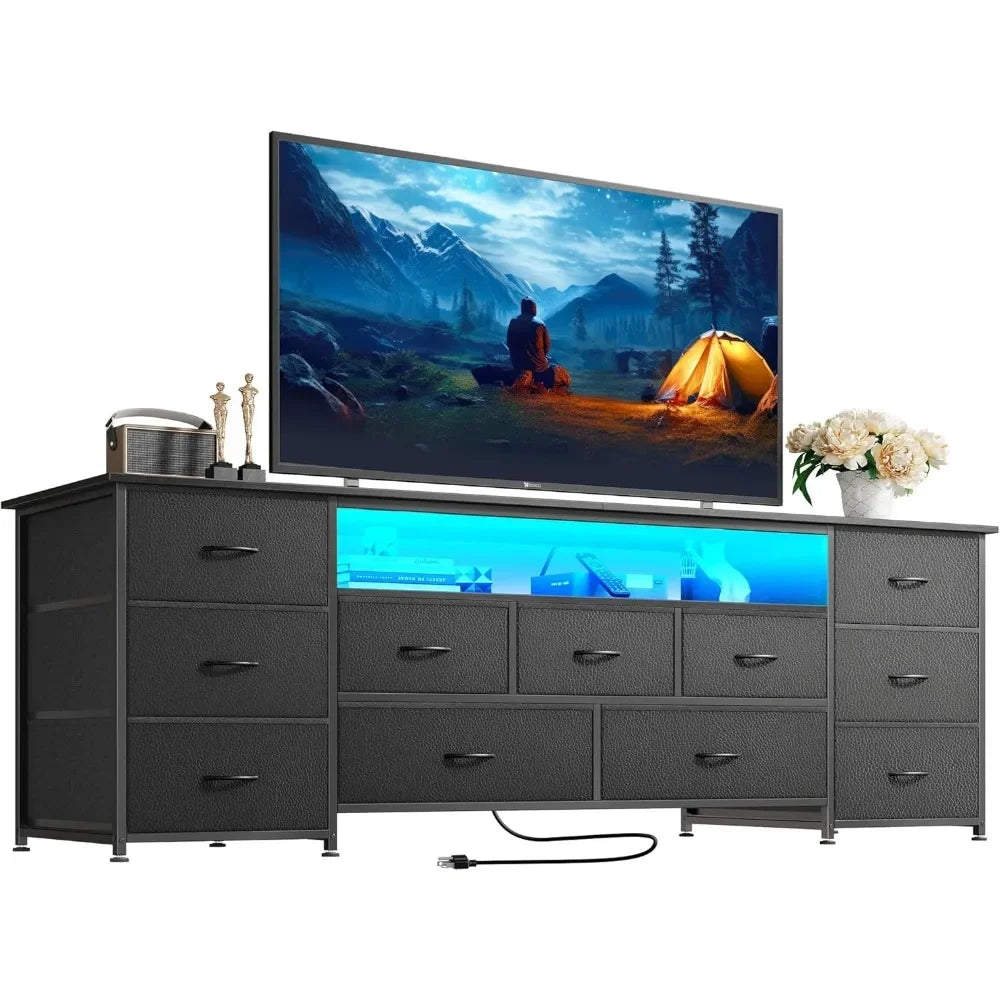 63 Inch TV Stand Dresser with LED Lights Power Outlets 11 Drawers Storage