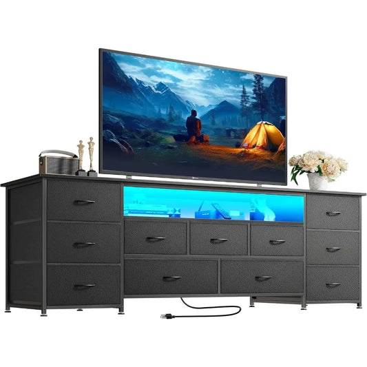 63 Inch TV Stand Dresser with LED Lights Power Outlets 11 Drawers Storage