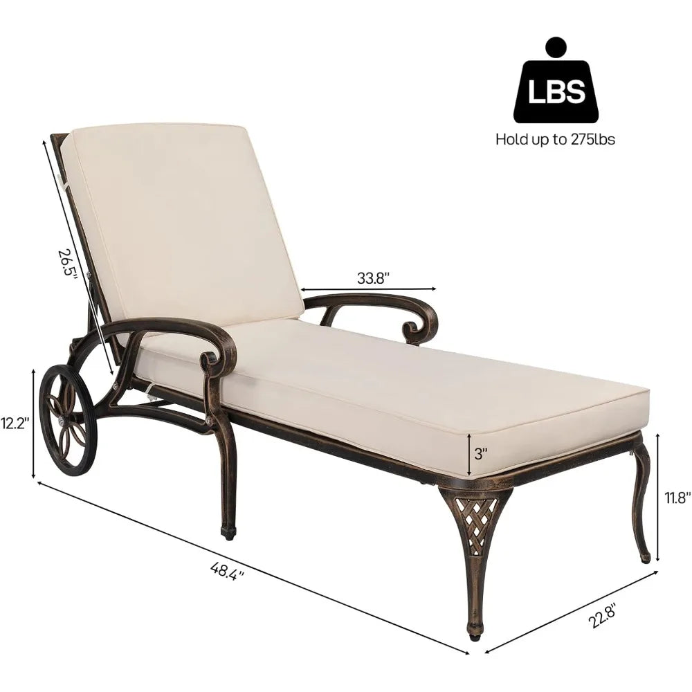 Cast Aluminum Outdoor Chaise Lounge Chair Adjustable Backrest Wheels