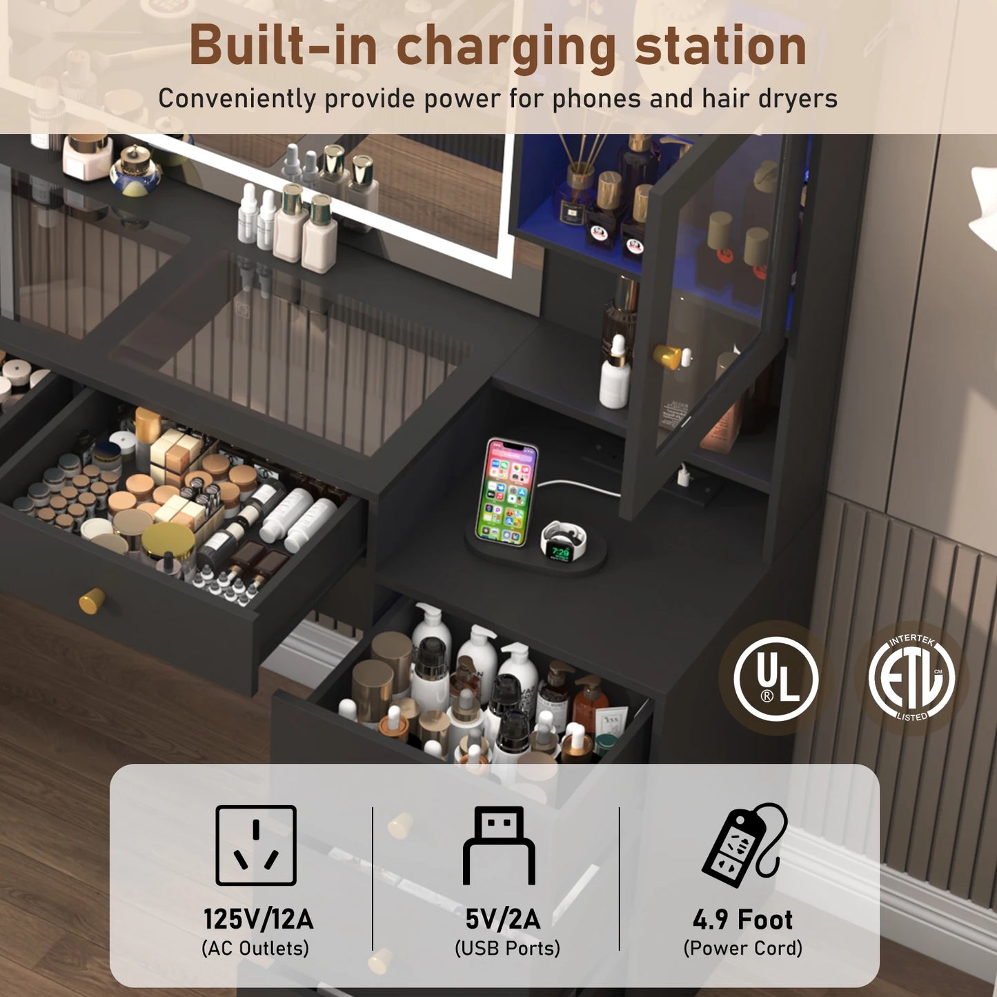 61.7" Large Vanity Desk with Mirror Lights Charging Station Storage