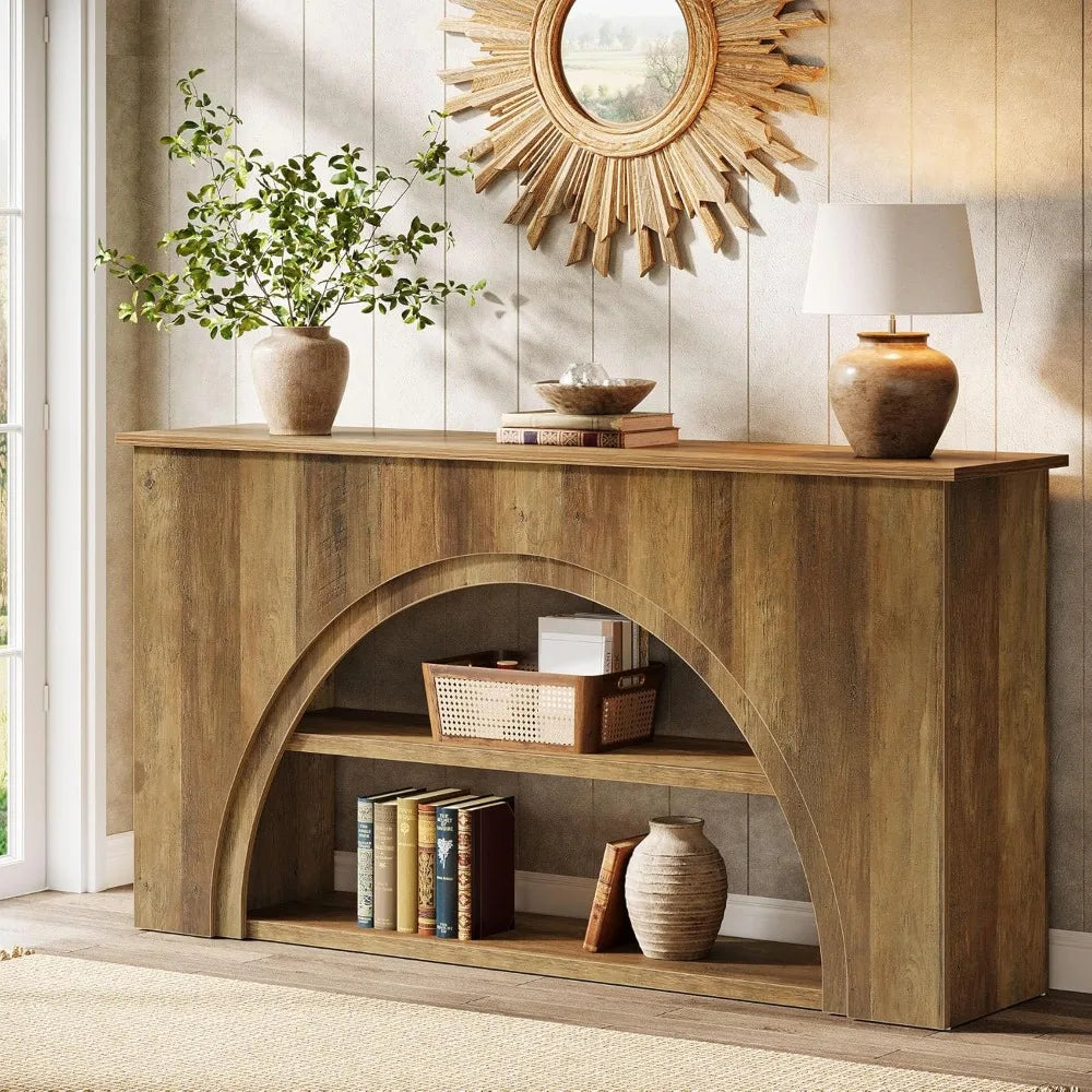 61 Inch Farmhouse Wooden Entryway Table 3 Tier Console Sofa Table