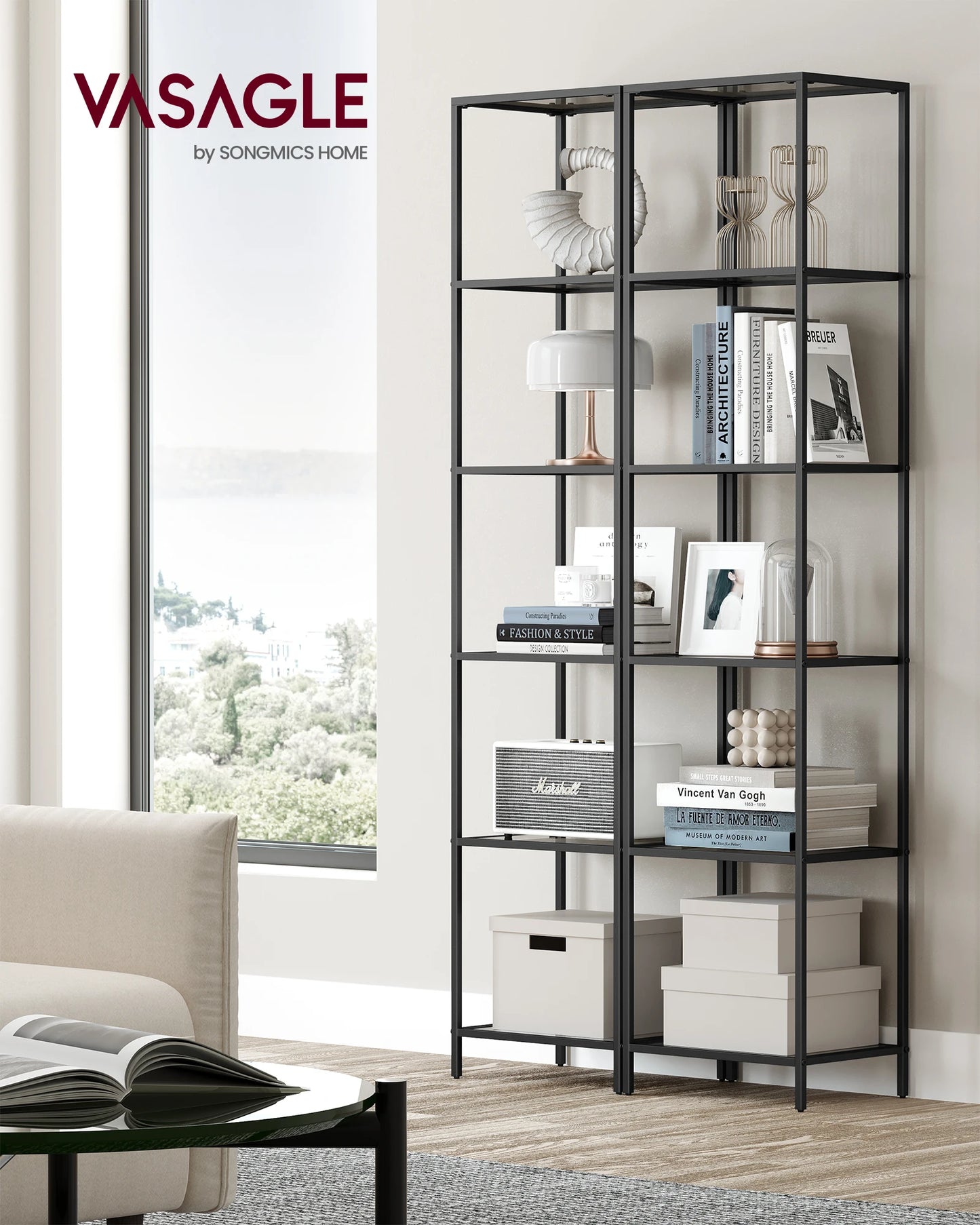 Ljustra 6-Tier Slim Bookshelf Tempered Glass Steel Frame Modern Design