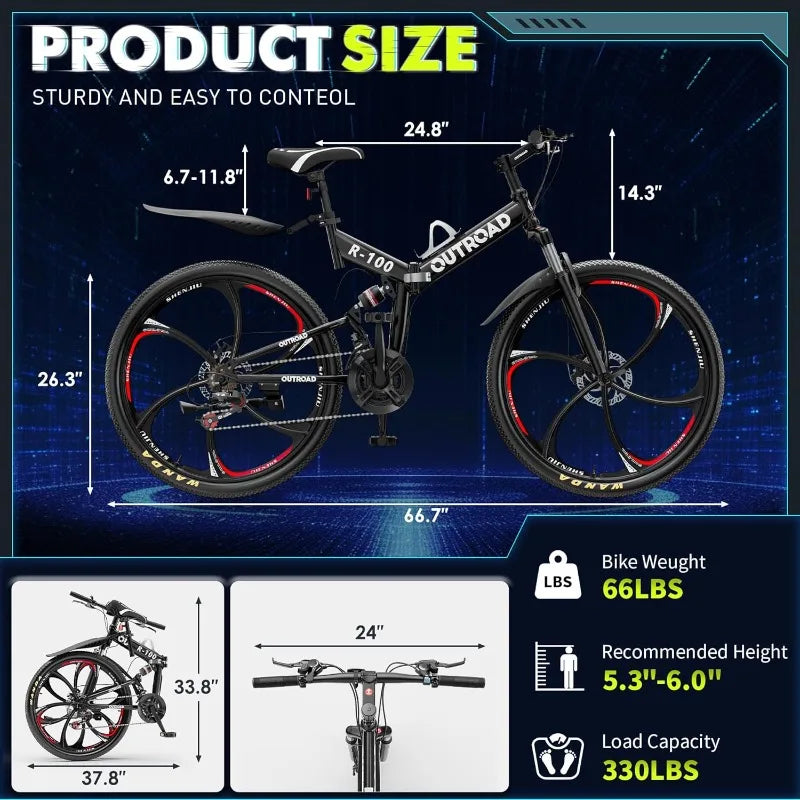 Ljustra 26 Inch Folding Mountain Bike 21 Speed Full Suspension Bicycle