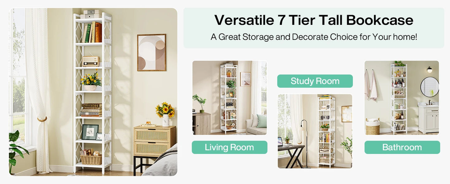 78.7 Inch Extra Tall Narrow Bookshelf 7 Tier Skinny Bookcase Organizer