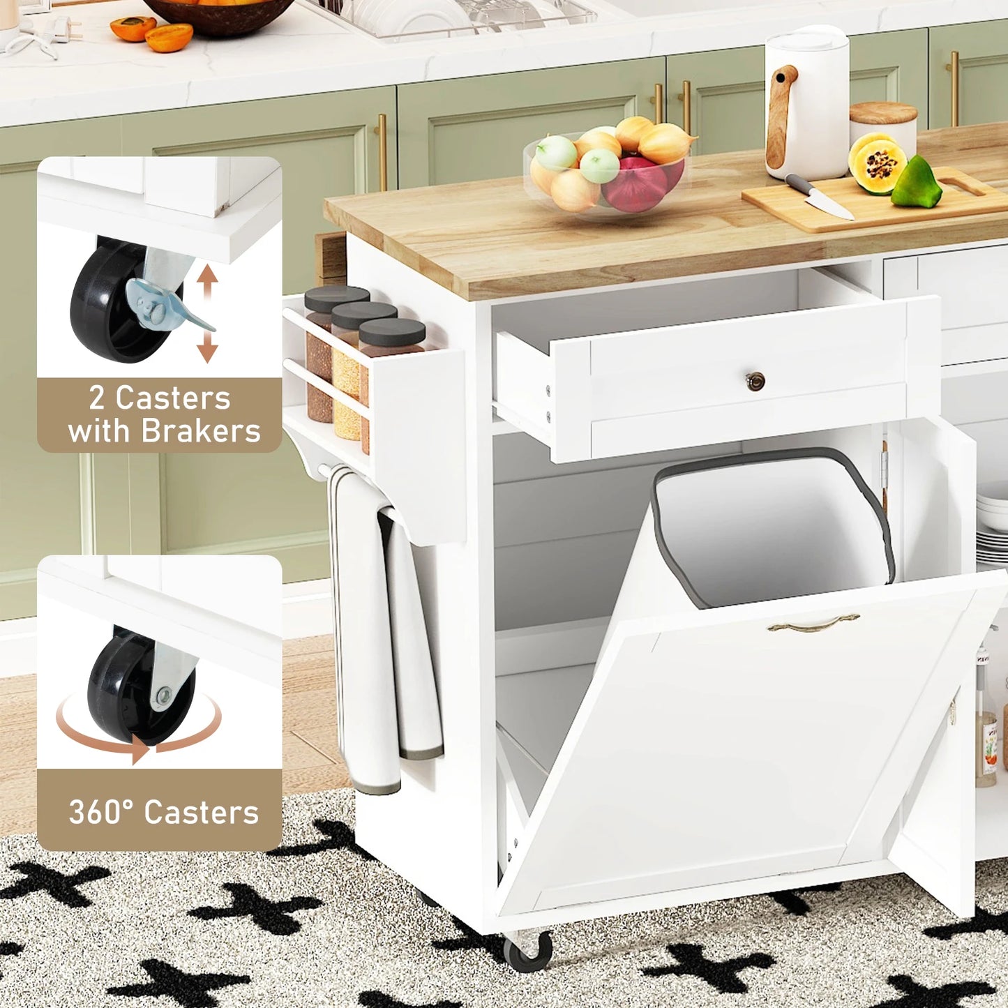 Kitchen Island with Storage Rolling Cart Drop Leaf Towel Rack