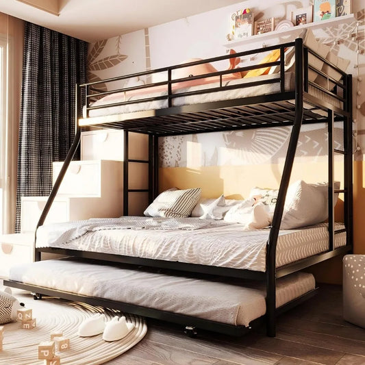 Space Saving Twin Over Full Bunk Bed with Ladders Trundle Guardrails