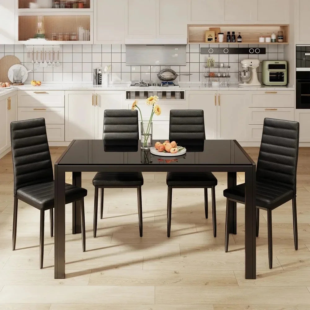 5 Piece Dining Table Set Glass Table PU Leather Chairs Black Modern